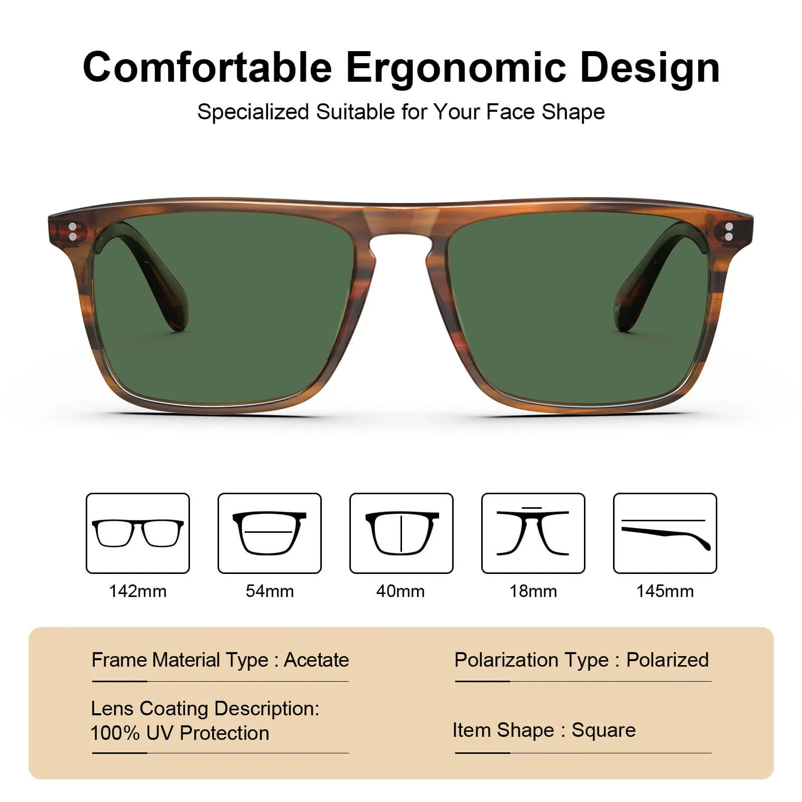 Carfia Shelton-C02 Brown Acetate Square Polarized Sunglasses for Men Size Chart: 142mm frame width, 54mm lenses, 18mm bridge, 145mm temples, 100% UV protection