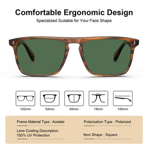Carfia Shelton-C02 Brown Acetate Square Polarized Sunglasses for Men Size Chart: 142mm frame width, 54mm lenses, 18mm bridge, 145mm temples, 100% UV protection