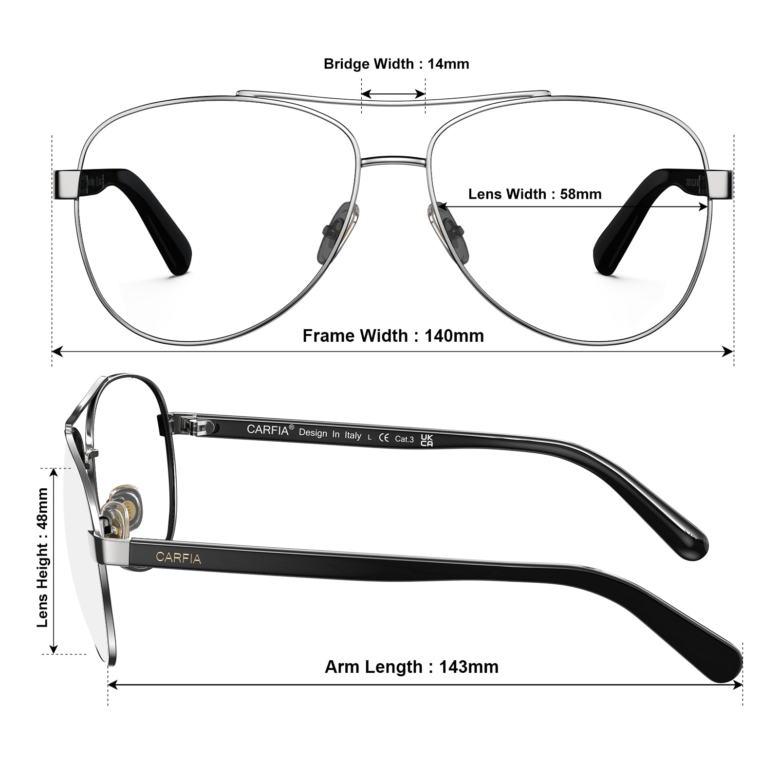 carfia-silver-aviator-prescription-eyeglasses-black-shell-temples-metal-frame-optical-glasses-size