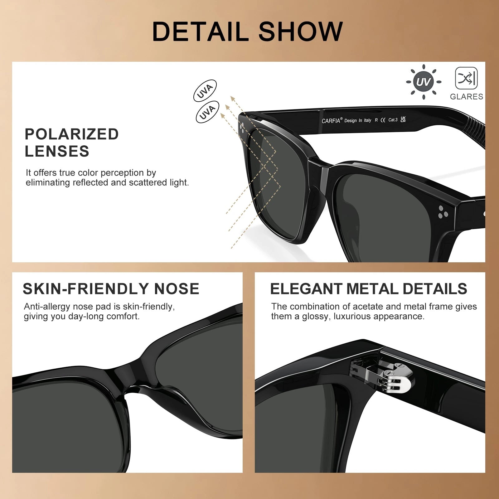 Carfia Simba CA31109-C01 Black Acetate Square Polarized Sunglasses for Men, Detail View