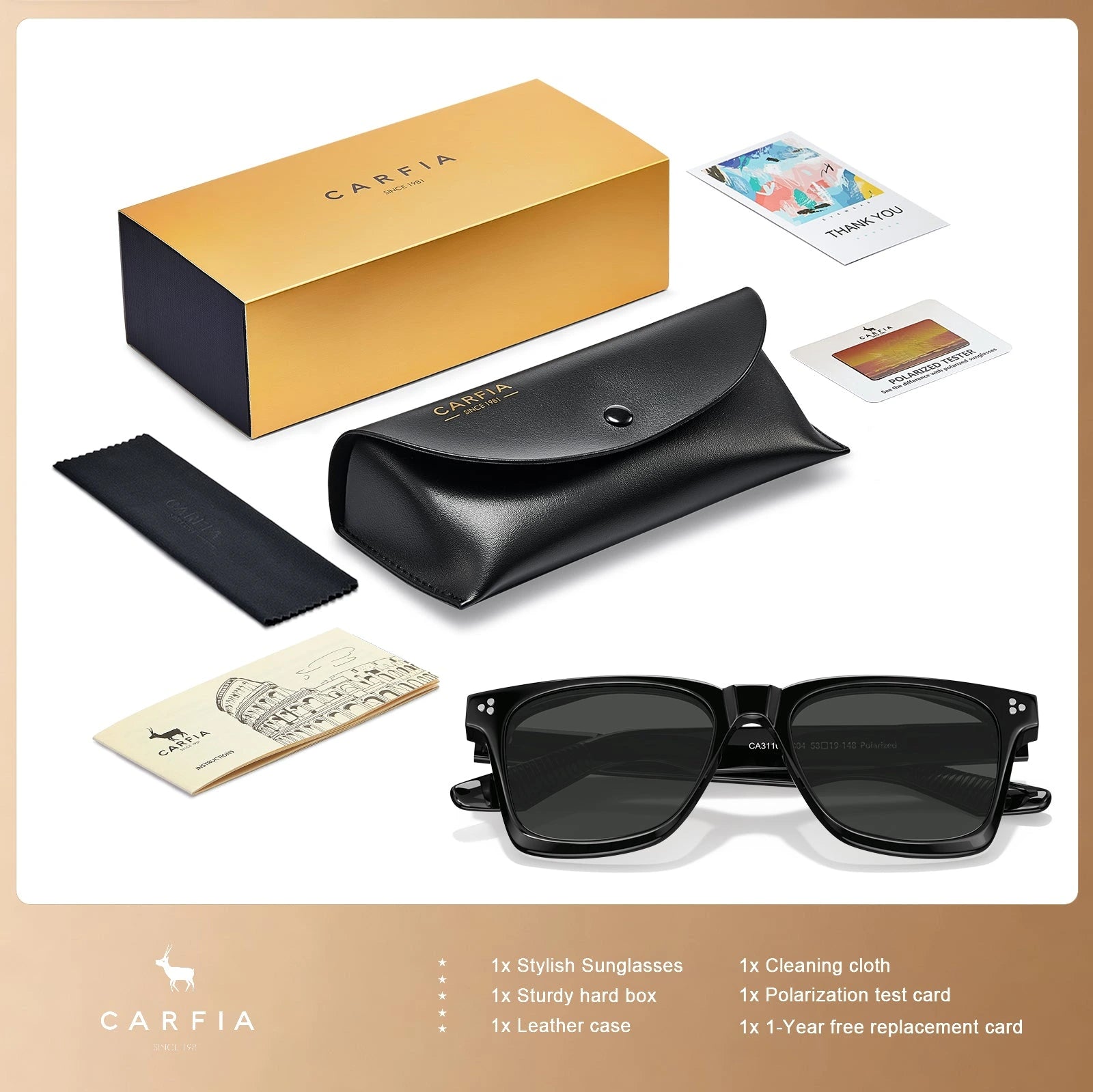 Carfia Simba CA31109-C01 Black Acetate Square Polarized Sunglasses for Men, Package View
