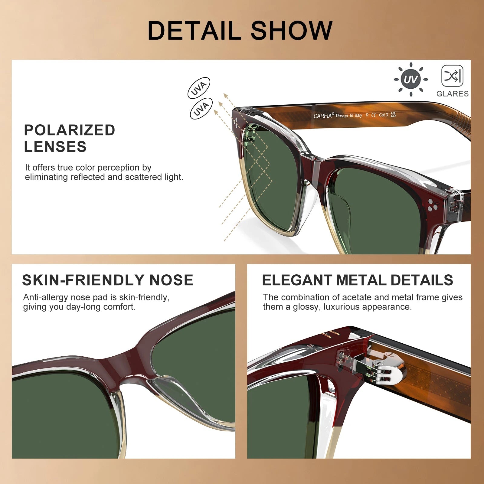 Carfia Simba CA31109-C02 Wine Red Champagne Acetate Square Polarized Sunglasses for Men, Detail View