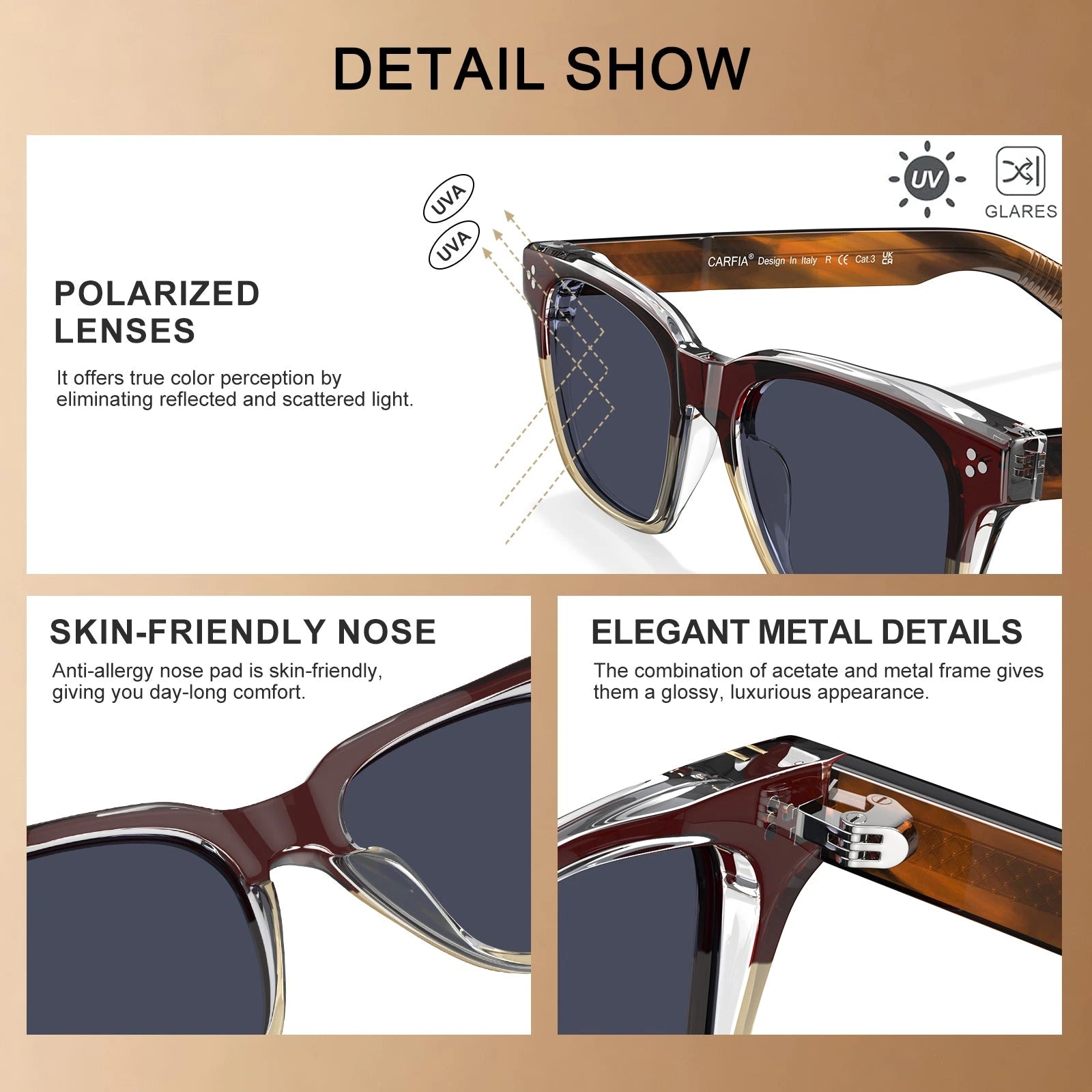 Carfia Simba CA31109-C03 Wine Red Champagne Acetate Square Polarized Sunglasses for Men, Detail View