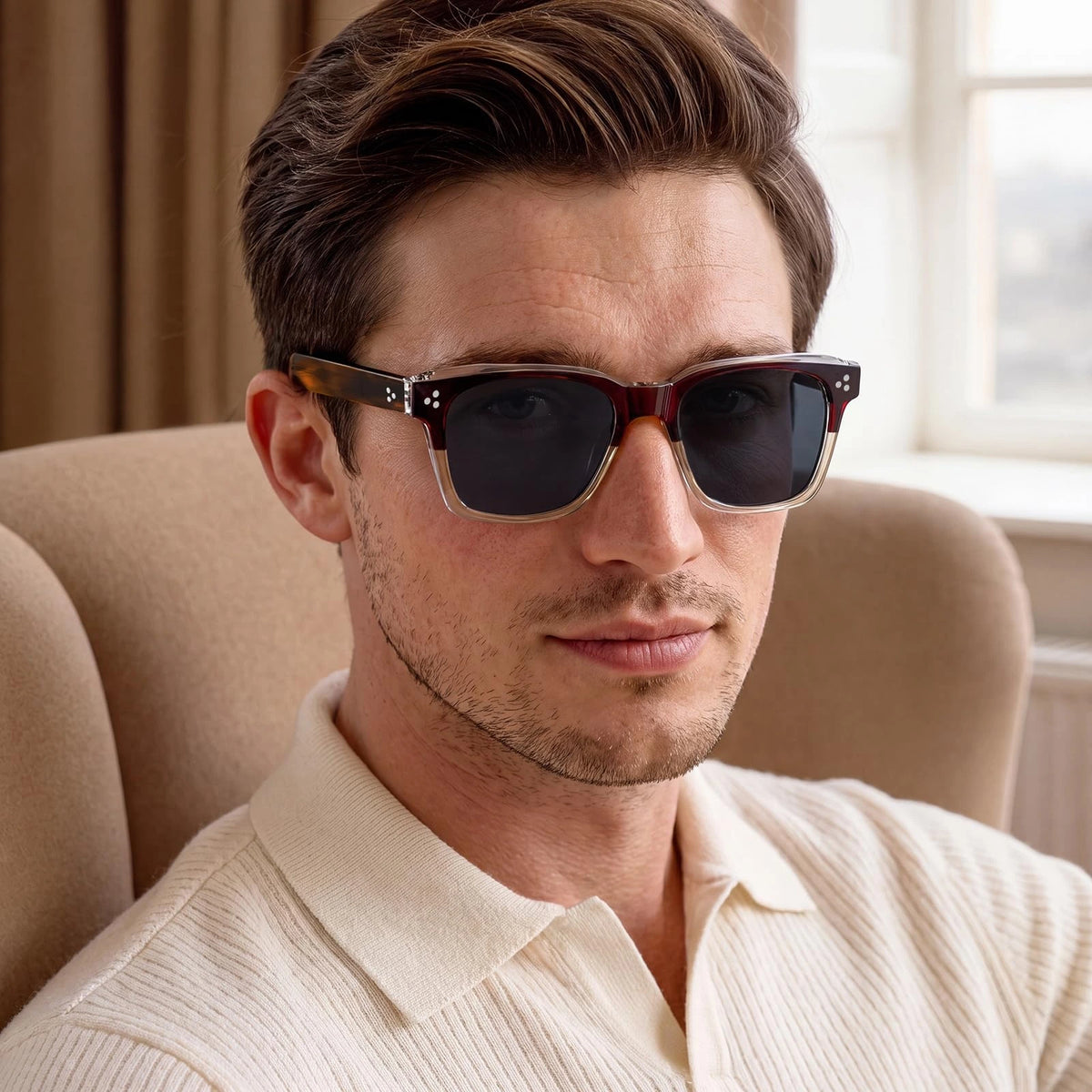 Carfia Simba CA31109-C03 Wine Red Champagne Acetate Square Polarized Sunglasses for Men, Portrait View