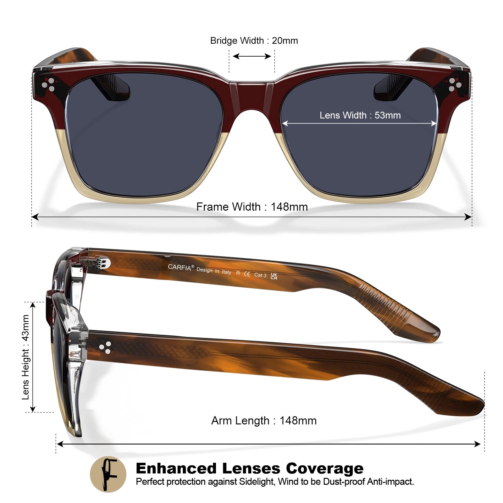 Carfia Simba CA31109-C03 Wine Red Champagne Acetate Square Polarized Sunglasses for Men, Size-Chart View