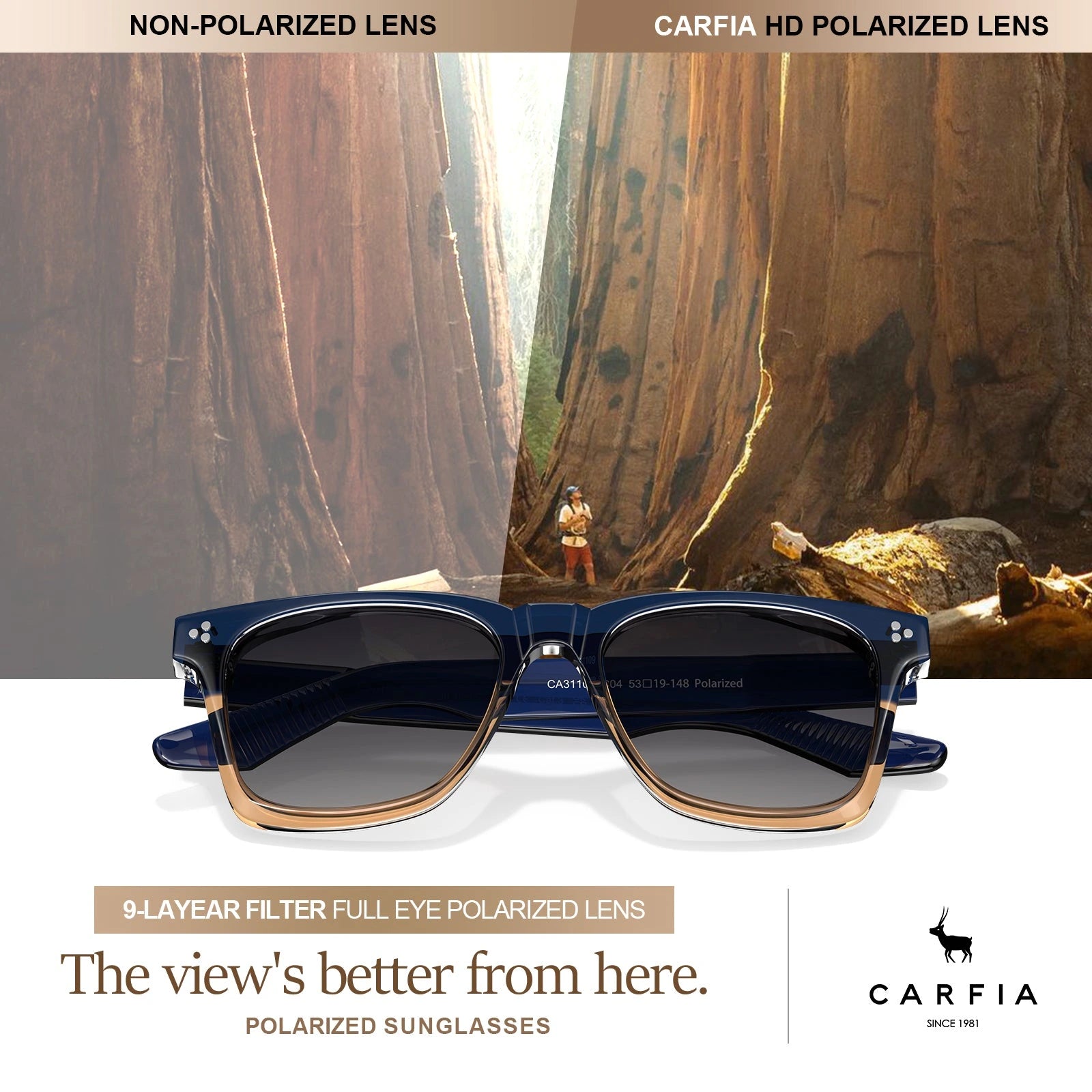 Carfia Simba CA31109-C04 Navy Champagne Acetate Square Polarized Sunglasses for Men, Features View