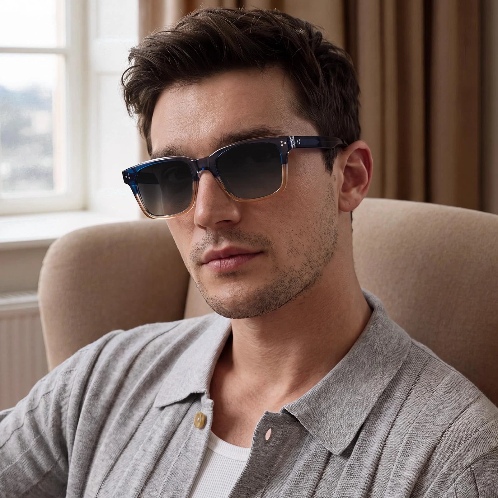 Carfia Simba CA31109-C04 Navy Champagne Acetate Square Polarized Sunglasses for Men, Portrait View