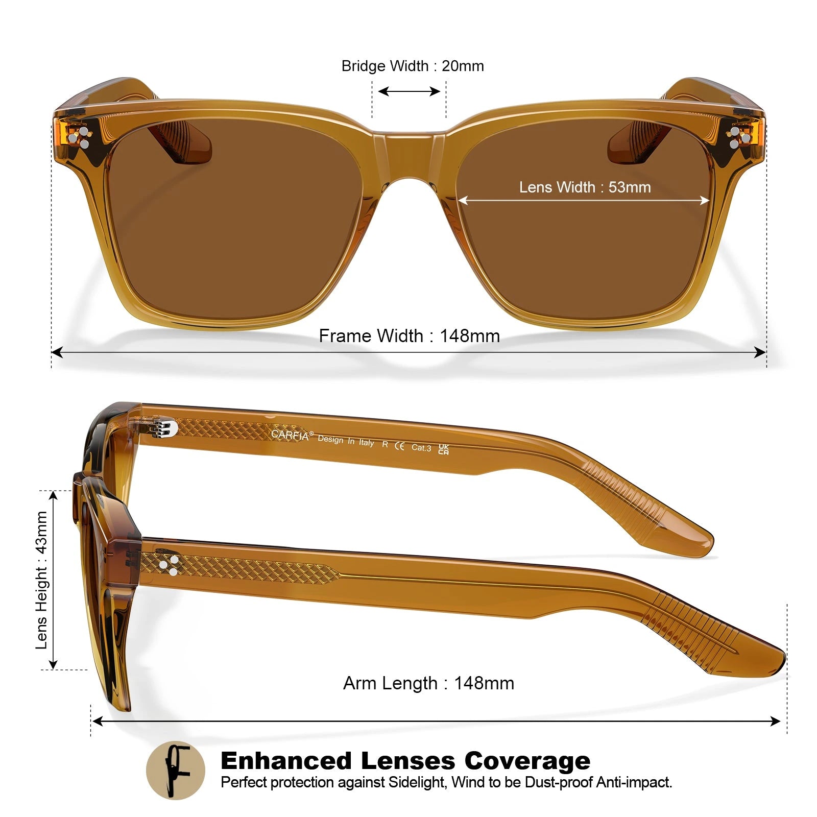 Carfia Simba CA31109-C05 Amber Acetate Square Polarized Sunglasses for Men, Size-Chart View