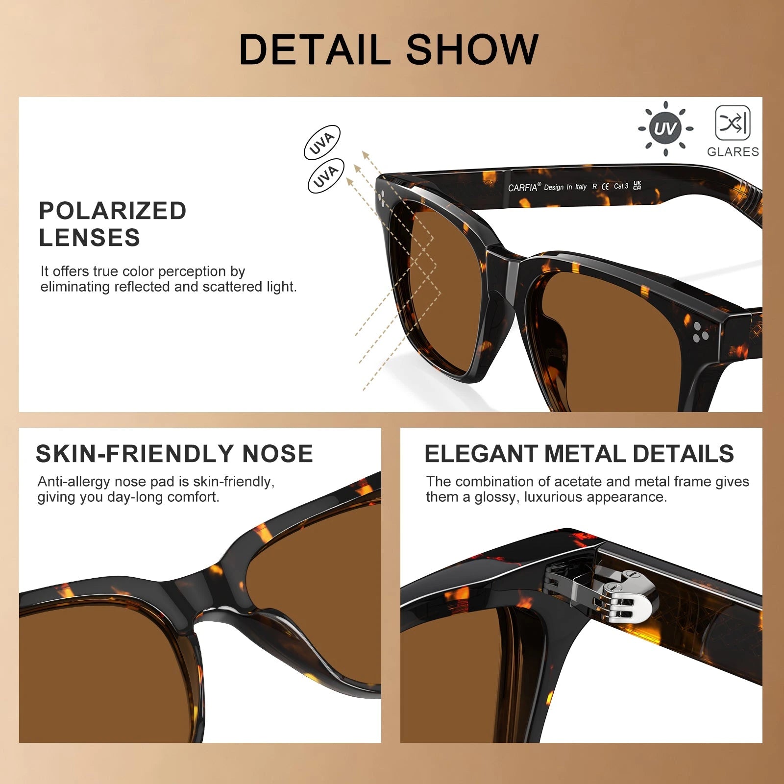 Carfia Simba CA31109-C13 Tortoise Acetate Square Polarized Sunglasses for Men, Detail View