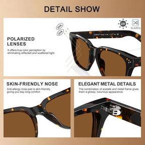 Carfia Simba CA31109-C13 Tortoise Acetate Square Polarized Sunglasses for Men, Detail View