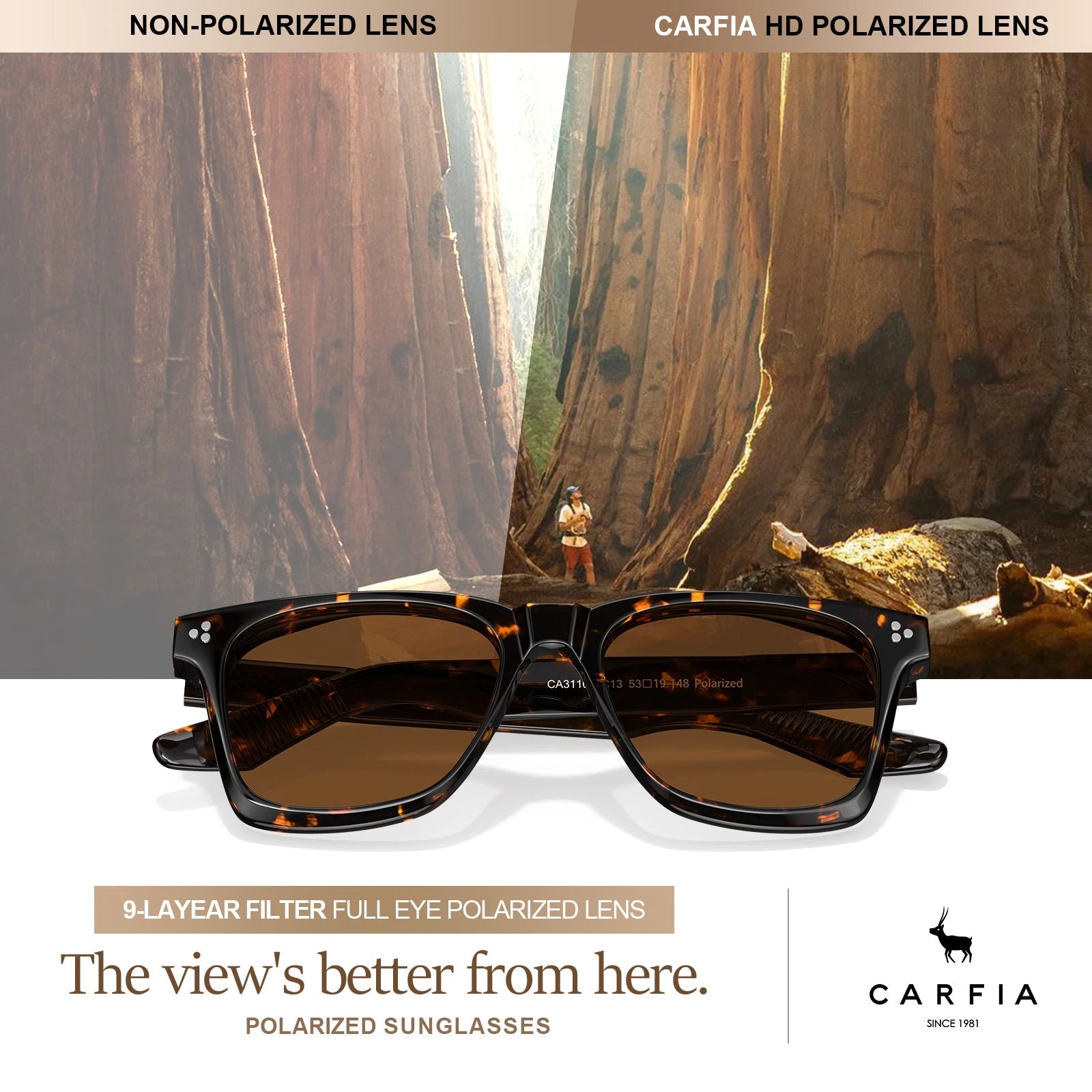 Carfia Simba CA31109-C13 Tortoise Acetate Square Polarized Sunglasses for Men, Features View