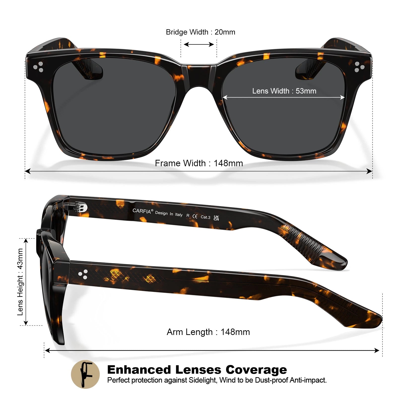 Carfia Simba CA31109-C14 Tortoise Acetate Square Polarized Sunglasses for Men, Size-Chart View