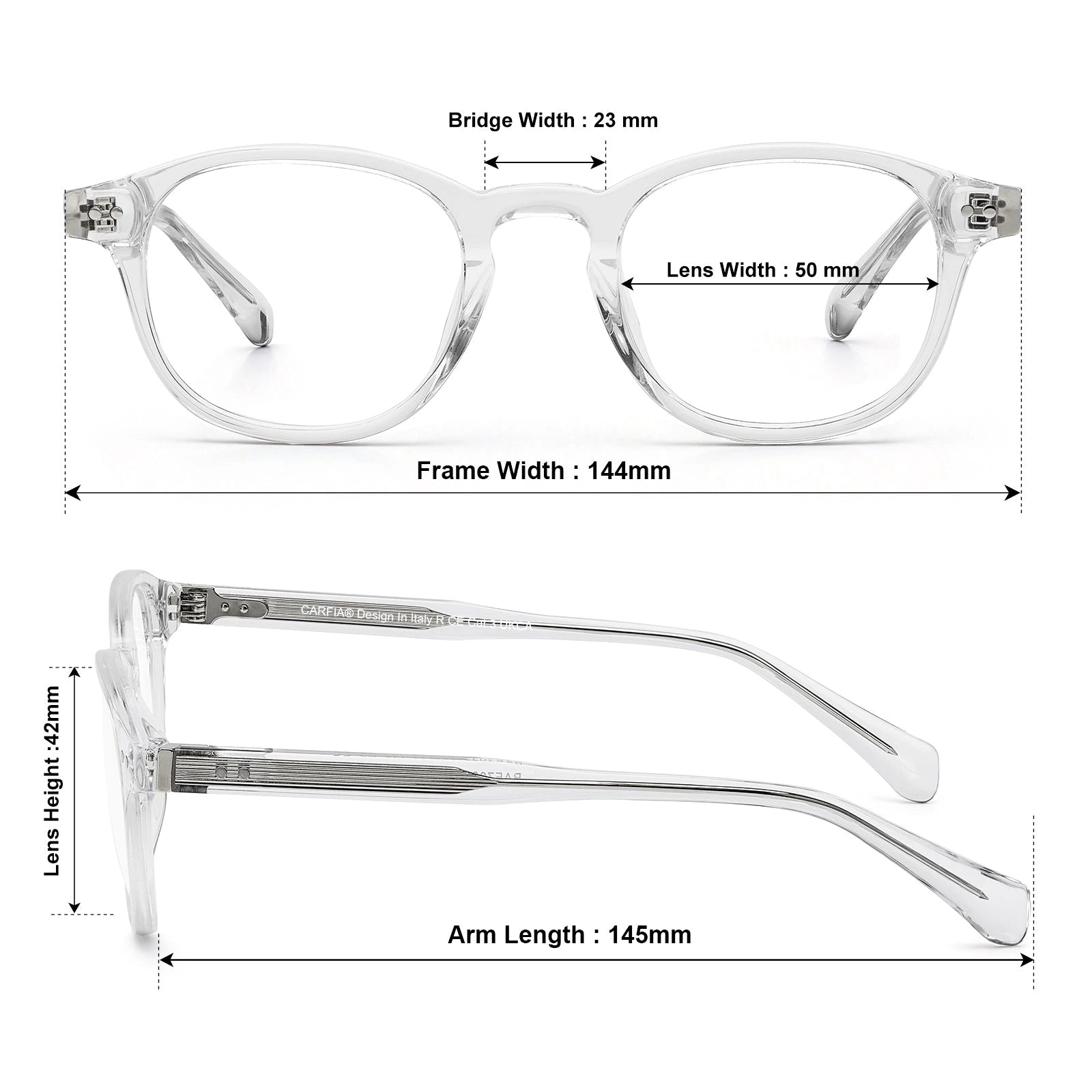 Carfia Theory CA7022-C2 Clear Acetate Round Prescription Glasses Eyeglasses for Women, Size-Chart View