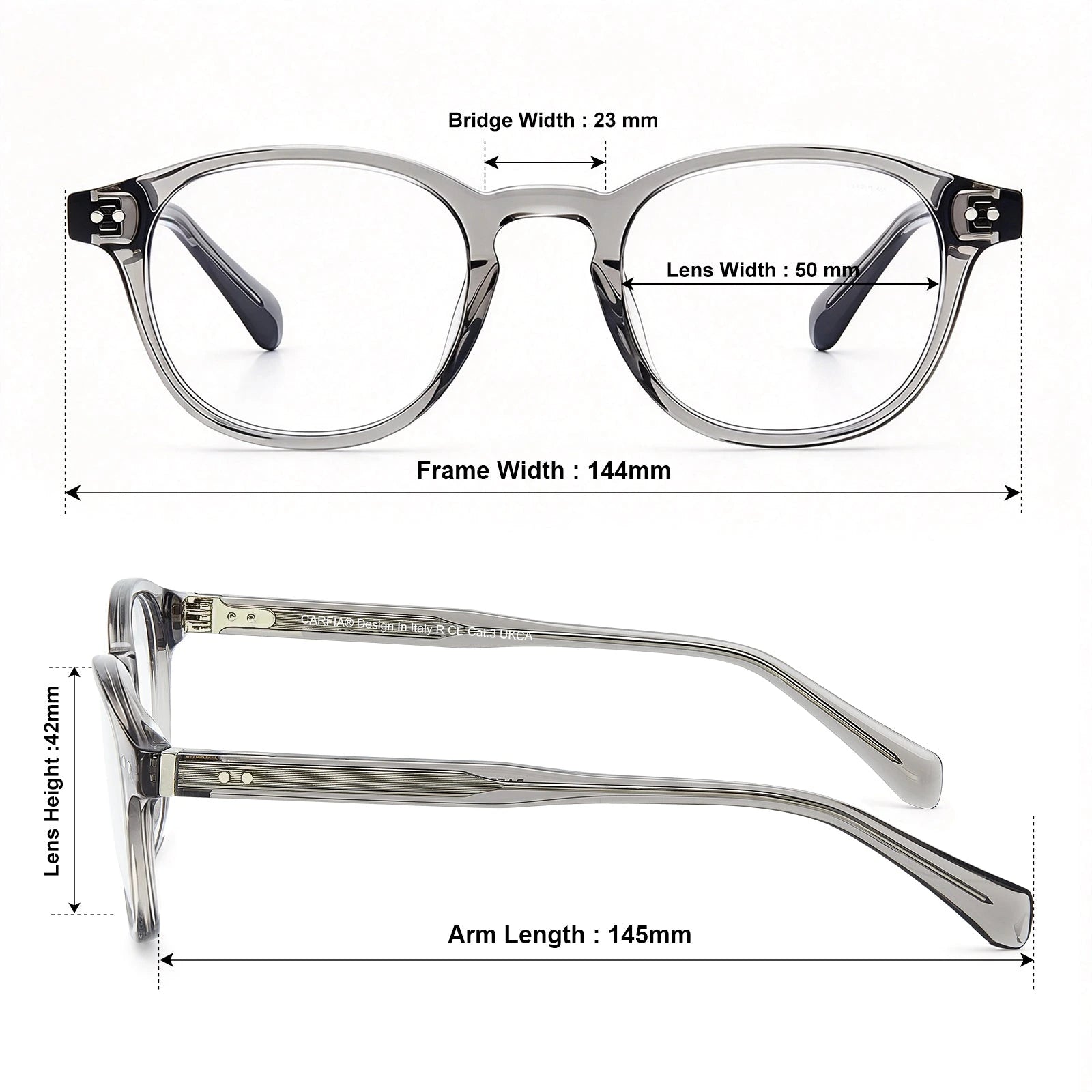 Carfia Theory CA7022-C3 Grey Acetate Round Prescription Glasses Eyeglasses for Unisex, Size-Chart View