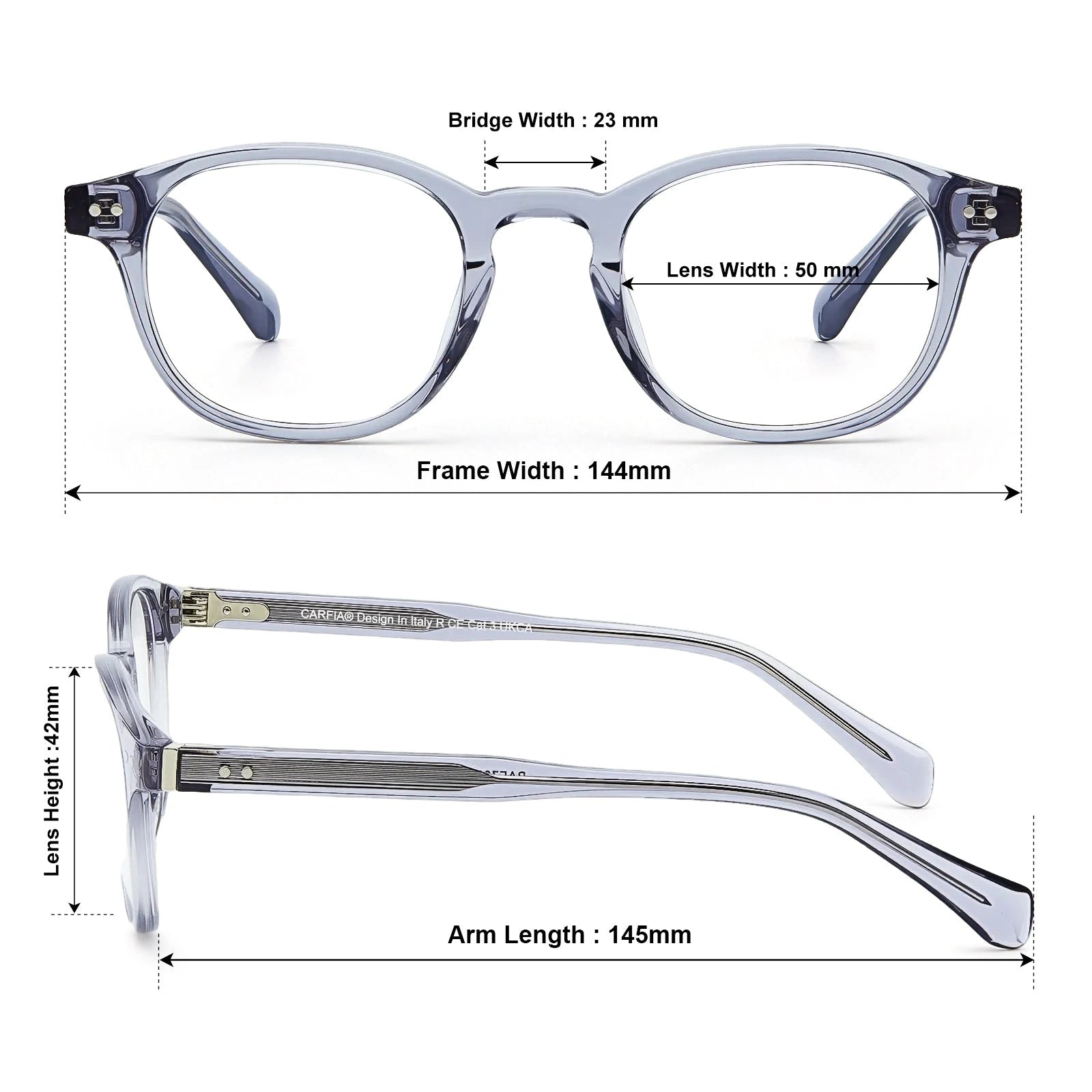 Carfia Theory CA7022-C4 Clear Blue Acetate Round Prescription Glasses Eyeglasses for Unisex, Size-Chart View