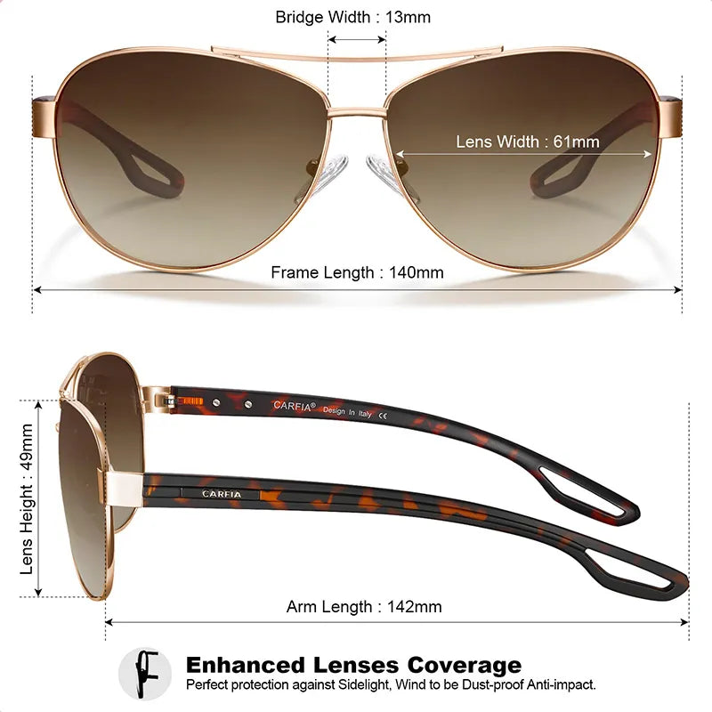 Carfia Tiamo CA3210C03 Gold Metal Aviator Polarized Sunglasses for Women, Size-Chart View