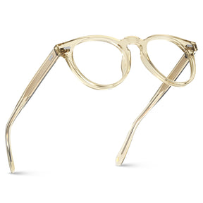  Woman wearing transparent champagne gold eyeglasses - CARFIA Dublin CA5506FC05 round prescription frames fly