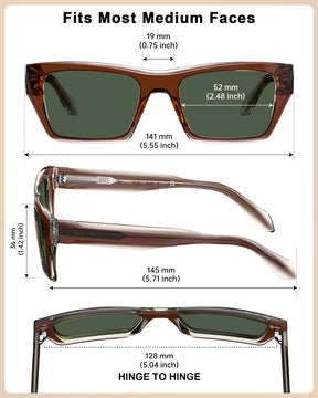 Measurement diagram of square prescription sunglasses showing front, side, and hinge views with dimensions labeled for a medium face shape, on a white background with a tan border.