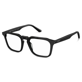 Designer black eyeglasses frames side view with measurements