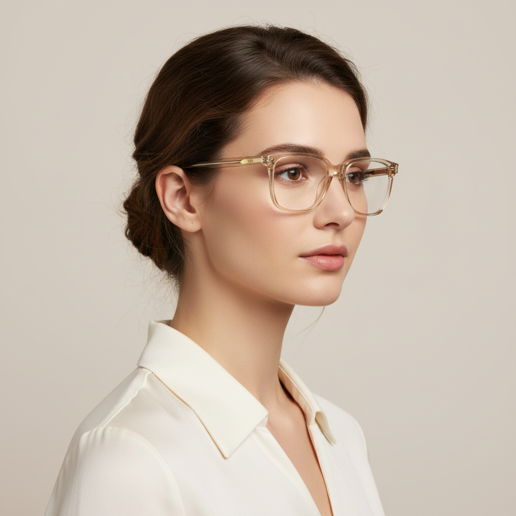 Female model wearing champagne eyeglasses - opposite angle