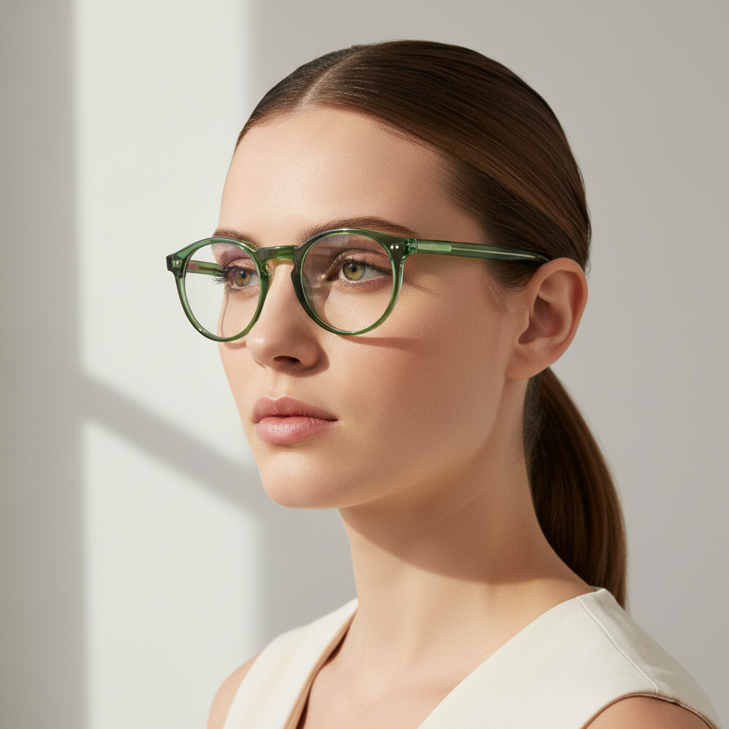 Female model wearing green eyeglasses at 45-degree angle