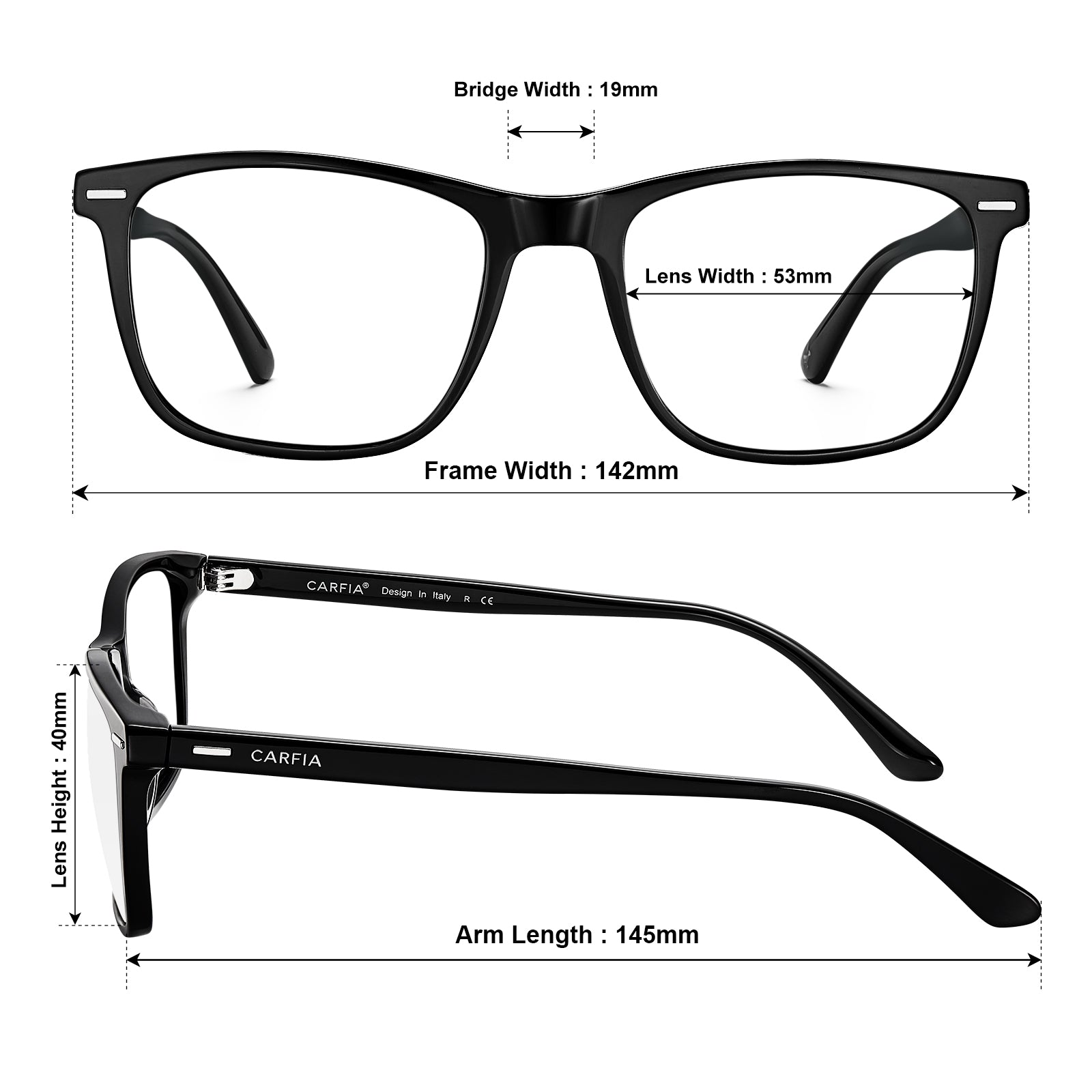 Hemet black rectangular eyeglasses CA6214FL01 - minimalist lightweight daily wear frames size