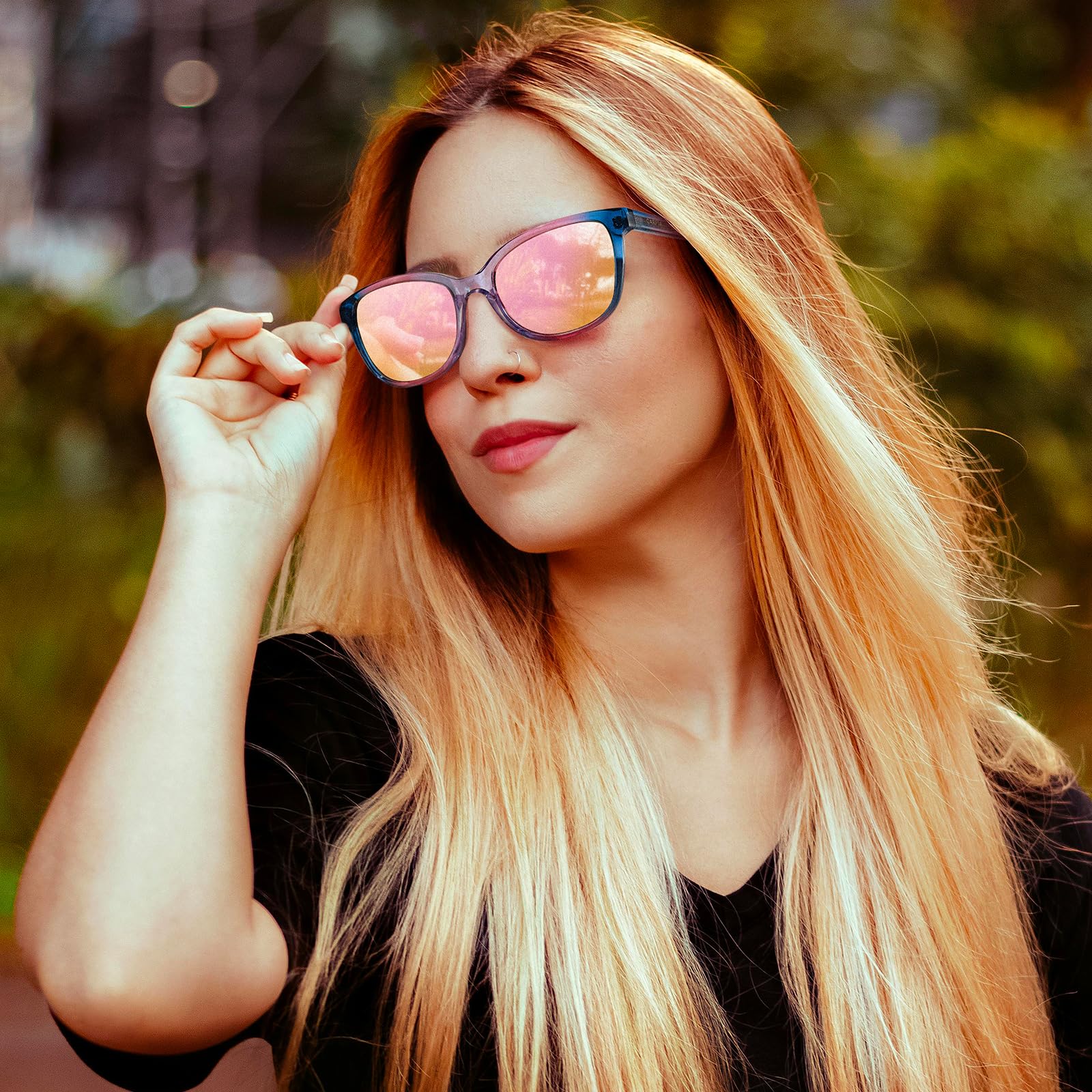 Designer Women Sunglasses-Blue&pink&purple Frame Pink Mirrored Lens