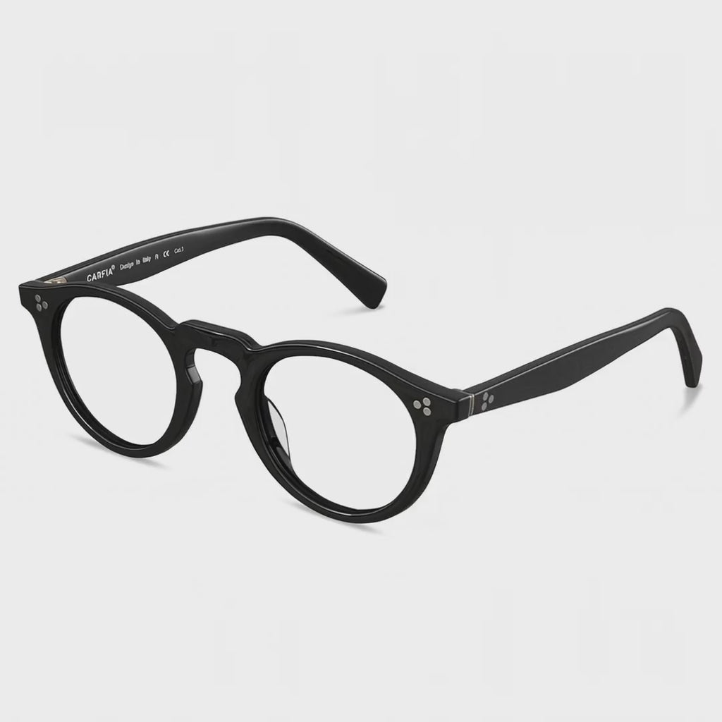 Black round acetate eyeglasses Mesa CA2306-FC01 with metal rivet details Italian design prescription frames video