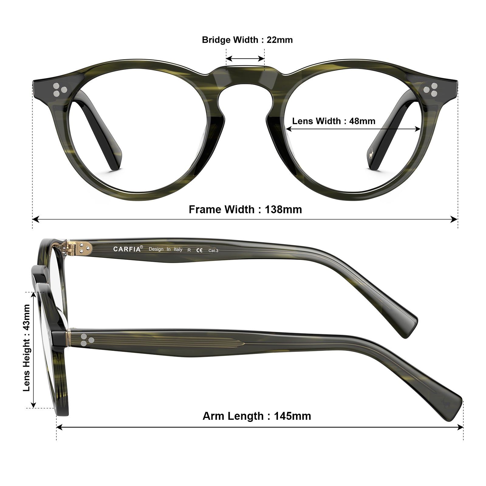 round acetate eyeglasses Mesa CA2306-FC07 with metal rivet details Italian design prescription frames  eyeglasses size