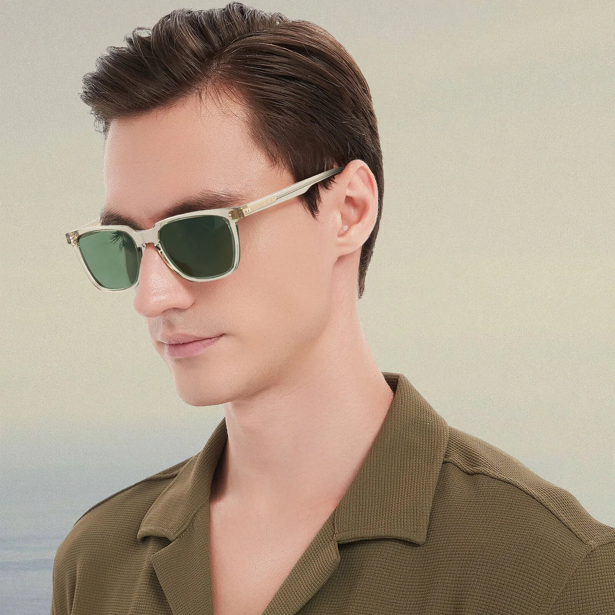 transparent-yellow-frame with-green-lenses-wayfarer-sunglasses-carfia-sun-glasses-polarised-men-sunglasses-model
