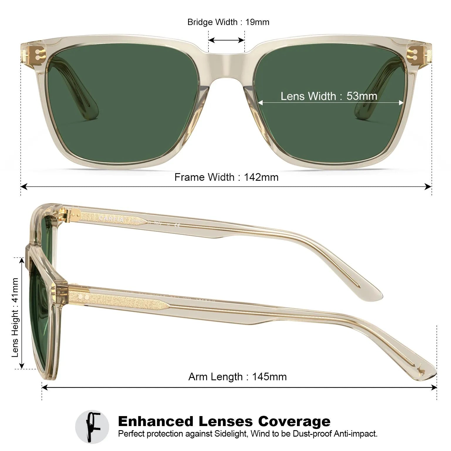 transparent-yellow-frame with-green-lenses-wayfarer-sunglasses-carfia-sun-glasses-polarised-men-sunglasses-size